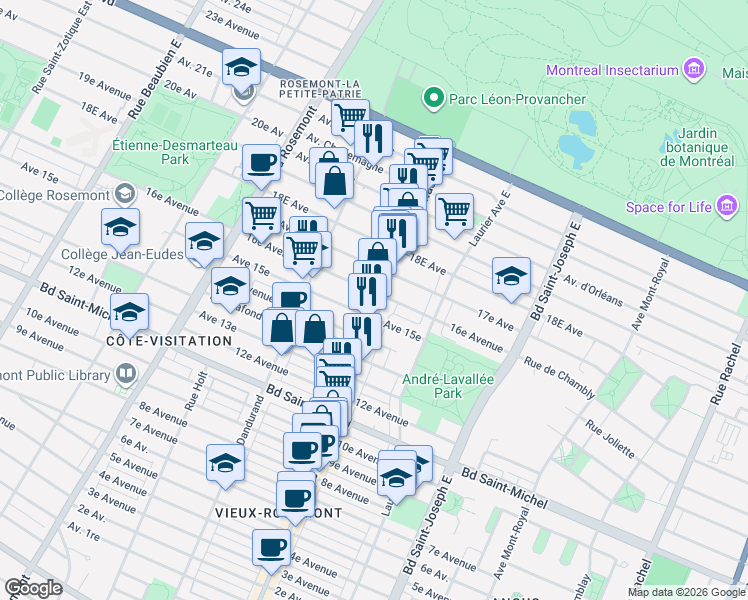 map of restaurants, bars, coffee shops, grocery stores, and more near 5404 16e Avenue in Montréal