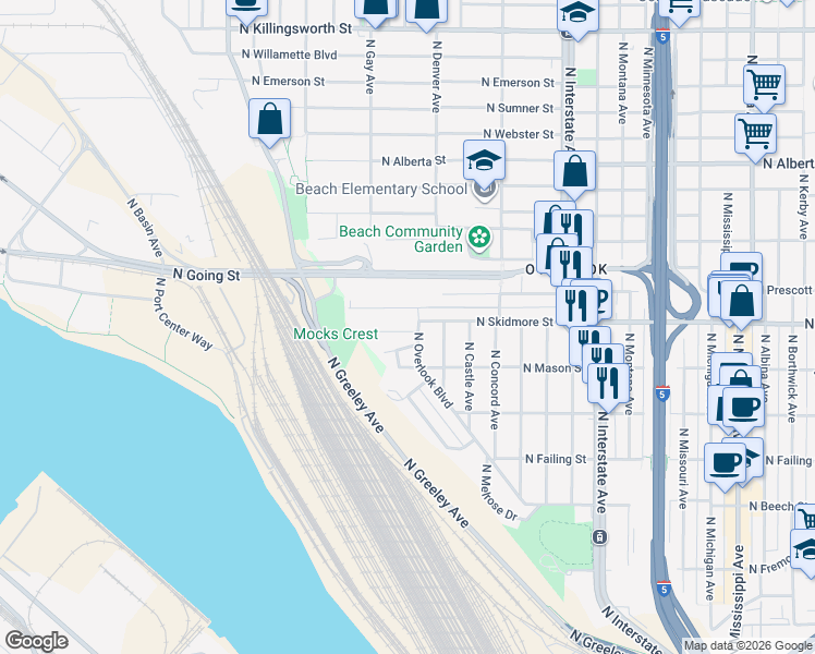 map of restaurants, bars, coffee shops, grocery stores, and more near 2017 North Skidmore Terrace in Portland