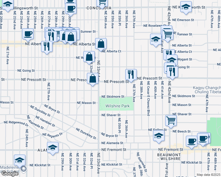 map of restaurants, bars, coffee shops, grocery stores, and more near 4444 Northeast 34th Avenue in Portland