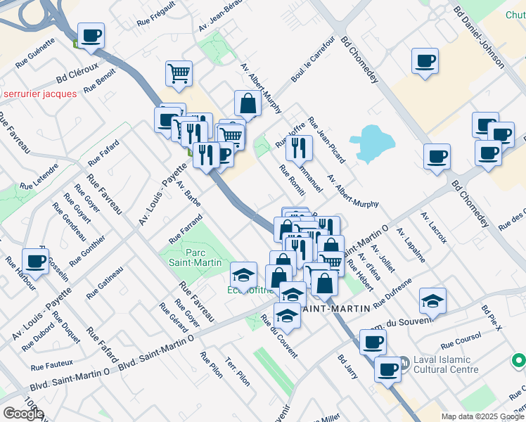 map of restaurants, bars, coffee shops, grocery stores, and more near 834 Rue Albert in Laval