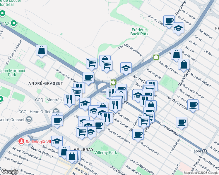 map of restaurants, bars, coffee shops, grocery stores, and more near Boulevard Crémazie Est in Montréal