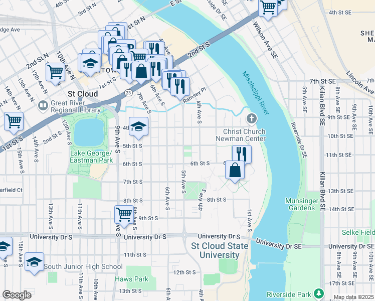 map of restaurants, bars, coffee shops, grocery stores, and more near 506 5th Avenue South in St. Cloud