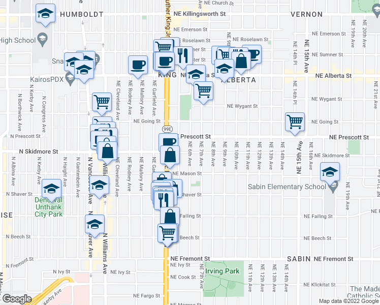 map of restaurants, bars, coffee shops, grocery stores, and more near NE Skidmore St & NE 6th Ave in Portland