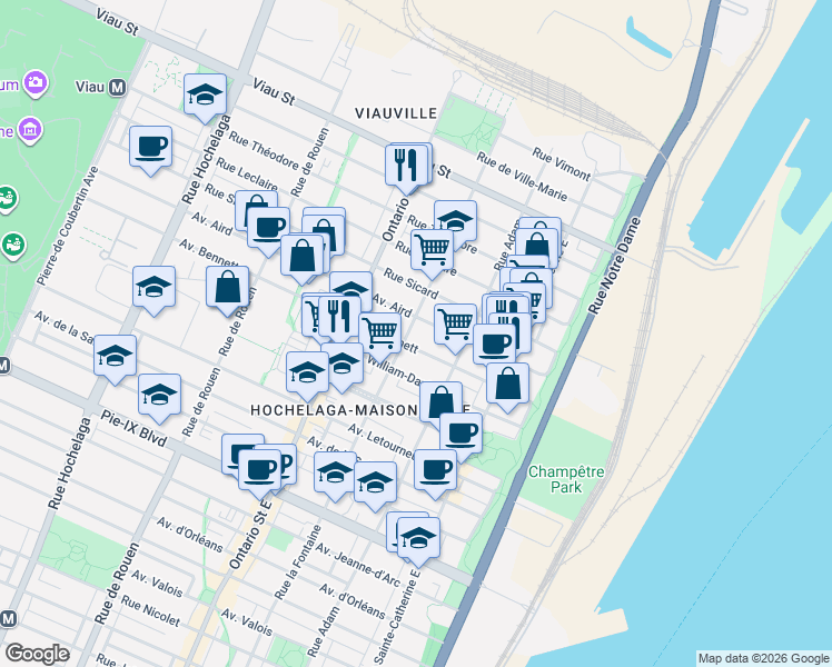 map of restaurants, bars, coffee shops, grocery stores, and more near Rue la Fontaine in Montréal