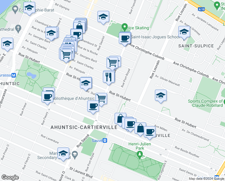 map of restaurants, bars, coffee shops, grocery stores, and more near 9785 Rue Saint-Hubert in Montréal