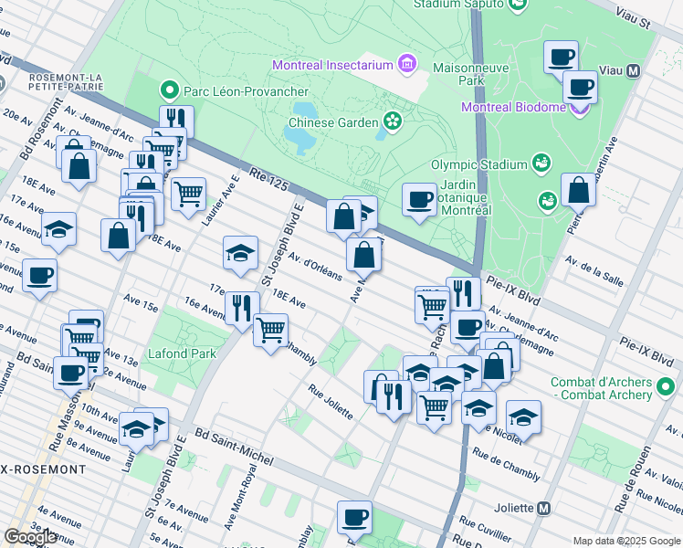 map of restaurants, bars, coffee shops, grocery stores, and more near 4545 Avenue d'Orléans in Montréal
