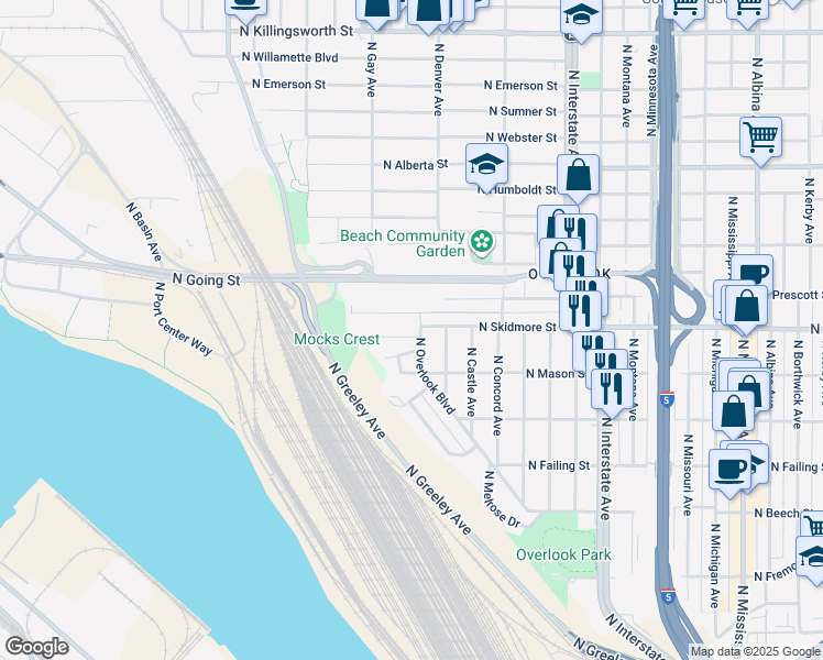 map of restaurants, bars, coffee shops, grocery stores, and more near 2017 North Skidmore Terrace in Portland