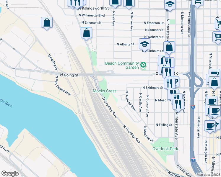 map of restaurants, bars, coffee shops, grocery stores, and more near 2237 North Skidmore Court in Portland
