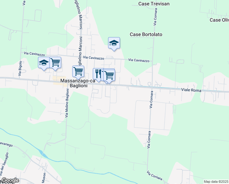 map of restaurants, bars, coffee shops, grocery stores, and more near 212 Via Giuseppe Toniolo in Massanzago-ca' Baglioni