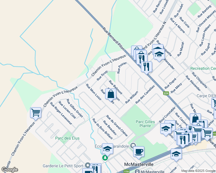 map of restaurants, bars, coffee shops, grocery stores, and more near 901 Rue Hudson in McMasterville