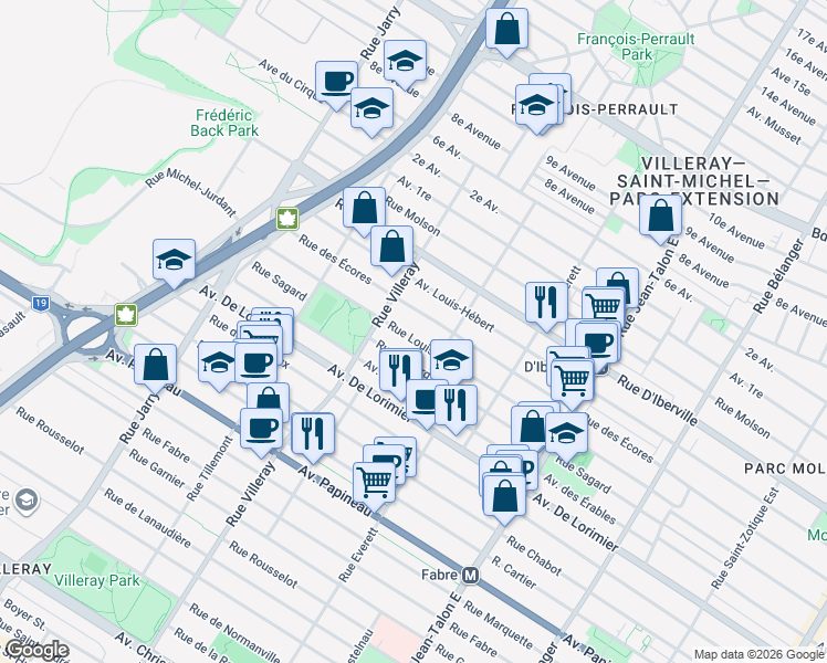 map of restaurants, bars, coffee shops, grocery stores, and more near 7565 Rue Louis-Hémon in Montréal