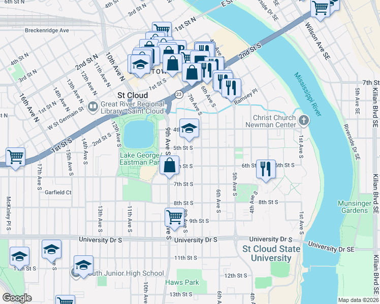 map of restaurants, bars, coffee shops, grocery stores, and more near 427 7th Avenue South in St. Cloud