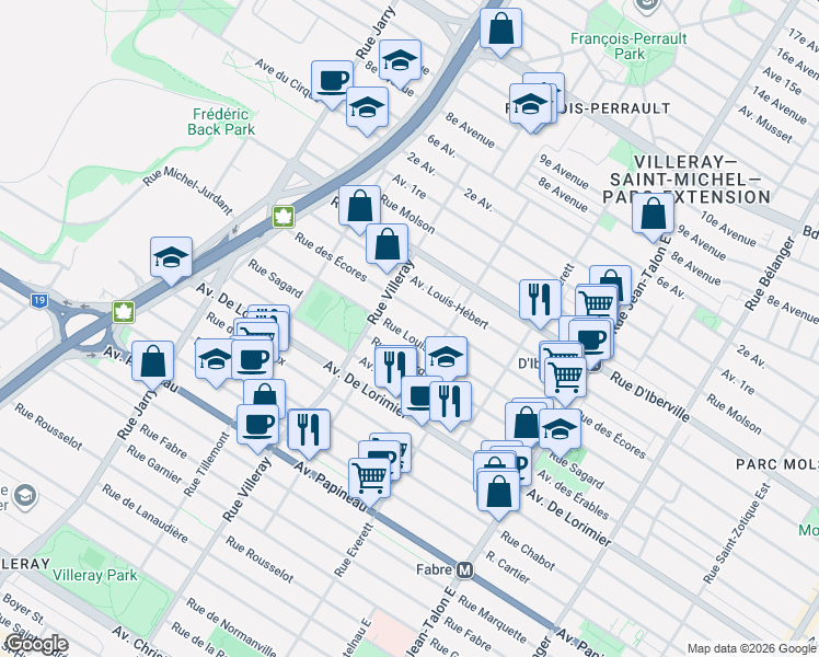map of restaurants, bars, coffee shops, grocery stores, and more near 7565 Rue Louis-Hémon in Montréal