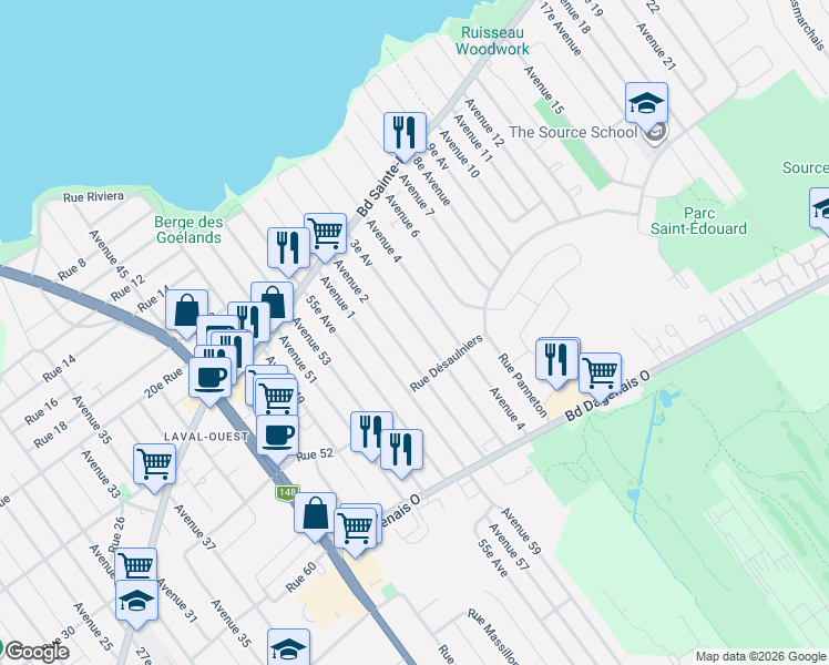 map of restaurants, bars, coffee shops, grocery stores, and more near 756 3e Avenue in Laval