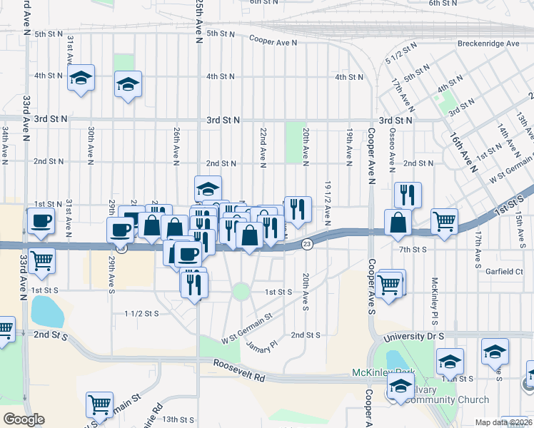 map of restaurants, bars, coffee shops, grocery stores, and more near 102 22nd Avenue North in St. Cloud