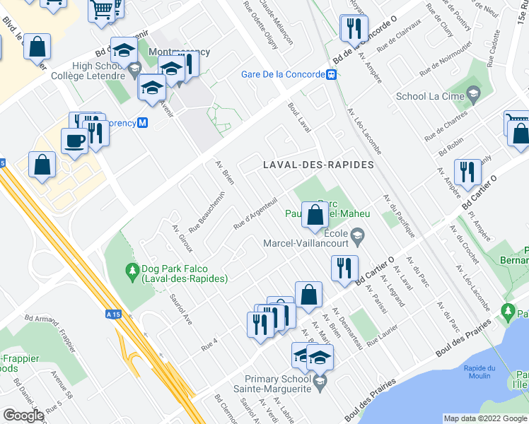 map of restaurants, bars, coffee shops, grocery stores, and more near 194 Avenue Desmarteau in Laval