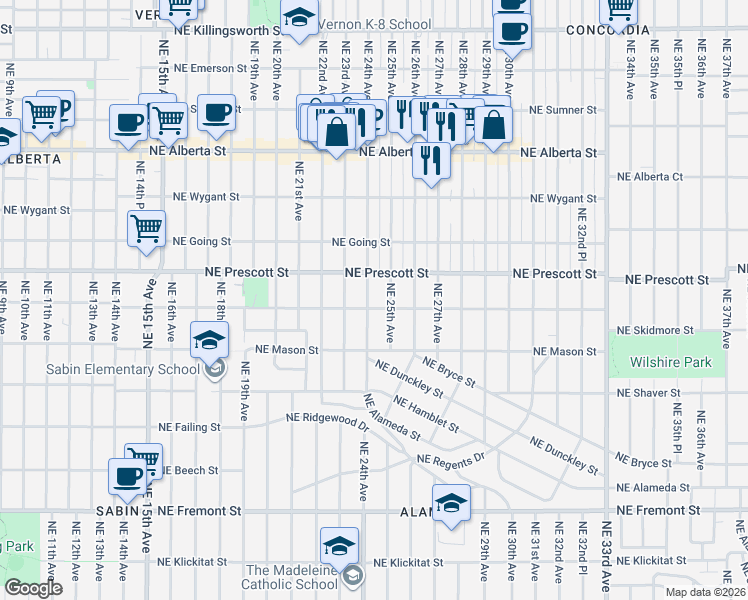 map of restaurants, bars, coffee shops, grocery stores, and more near 4407 Northeast 25th Avenue in Portland