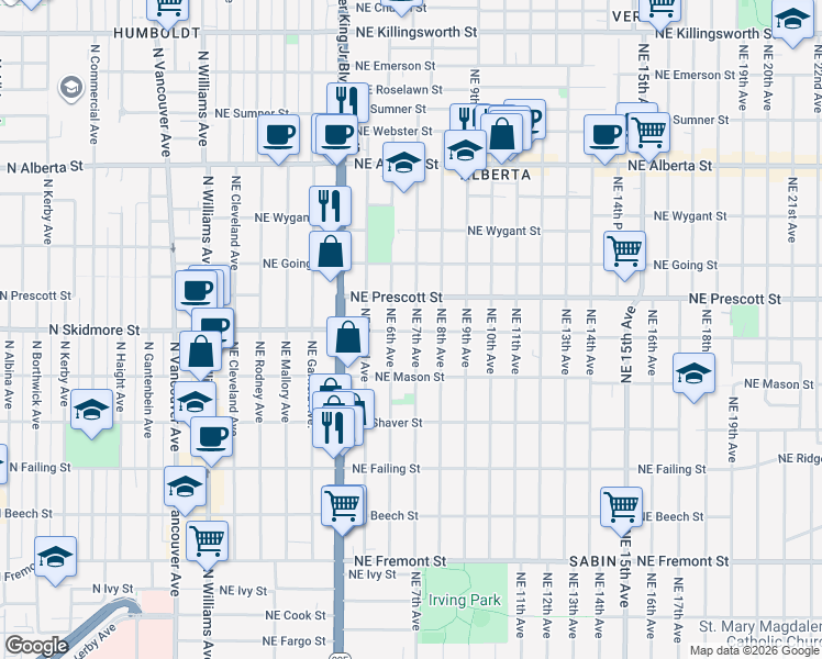 map of restaurants, bars, coffee shops, grocery stores, and more near 4326 Northeast 6th Avenue in Portland