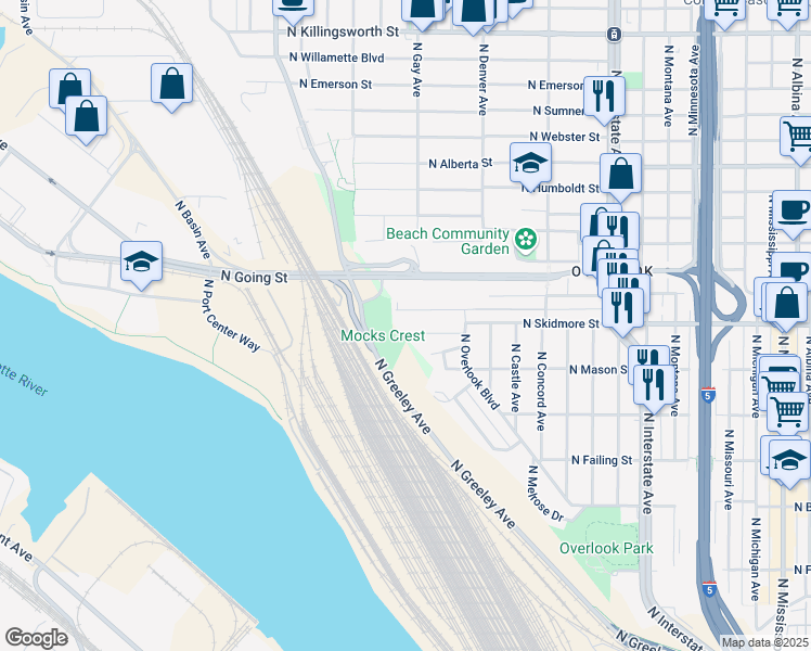 map of restaurants, bars, coffee shops, grocery stores, and more near 2237 North Skidmore Court in Portland