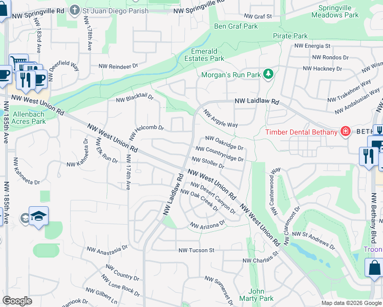 map of restaurants, bars, coffee shops, grocery stores, and more near 16977 Northwest Oakridge Drive in Portland