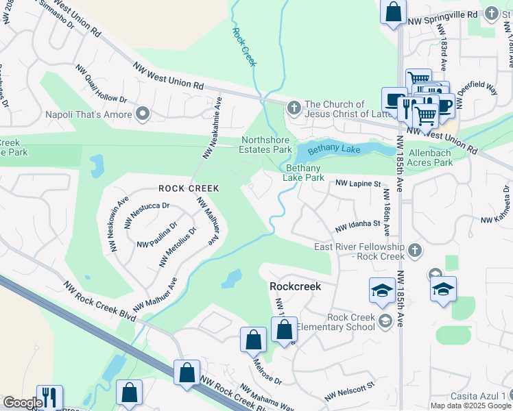 map of restaurants, bars, coffee shops, grocery stores, and more near 5140 Northwest Neakahnie Avenue in Portland