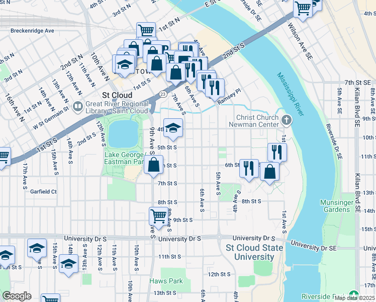 map of restaurants, bars, coffee shops, grocery stores, and more near 425 6th Avenue South in St. Cloud
