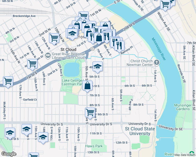 map of restaurants, bars, coffee shops, grocery stores, and more near 427 7th Avenue South in St. Cloud