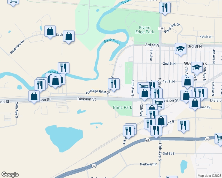 map of restaurants, bars, coffee shops, grocery stores, and more near 40 15th Avenue North in Waite Park