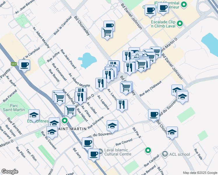 map of restaurants, bars, coffee shops, grocery stores, and more near 1685 Avenue Lacroix in Laval