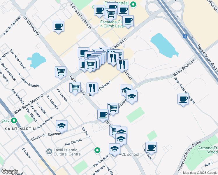 map of restaurants, bars, coffee shops, grocery stores, and more near 3280 Rue des Châteaux in Laval