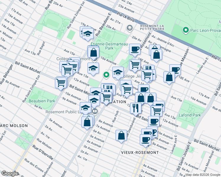 map of restaurants, bars, coffee shops, grocery stores, and more near 5920 13e Avenue in Montréal