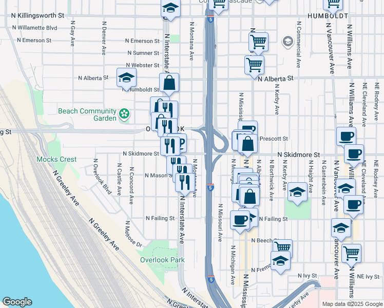 map of restaurants, bars, coffee shops, grocery stores, and more near 4412 North Maryland Avenue in Portland