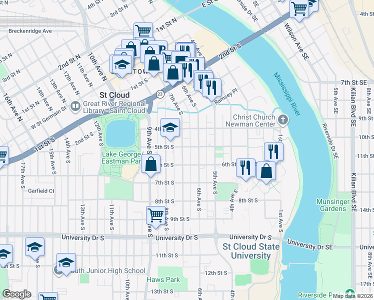 map of restaurants, bars, coffee shops, grocery stores, and more near 425 6th Avenue South in St. Cloud