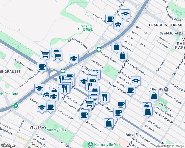 map of restaurants, bars, coffee shops, grocery stores, and more near 7988 Avenue De Lorimier in Montréal