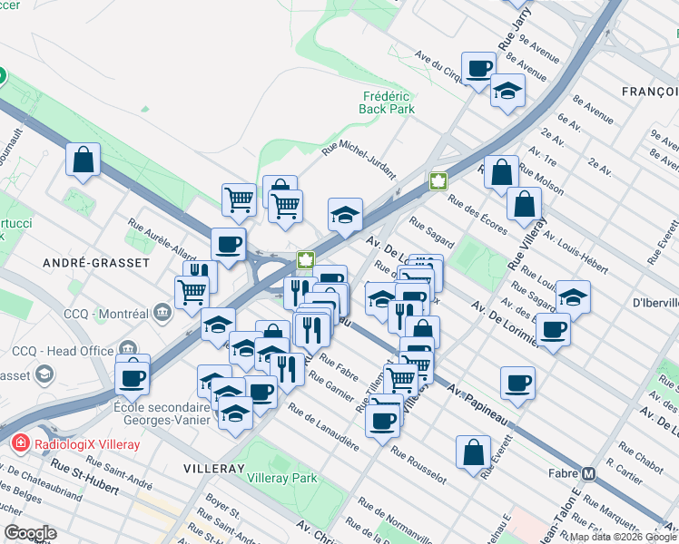 map of restaurants, bars, coffee shops, grocery stores, and more near 8150 Rue Chabot in Montréal