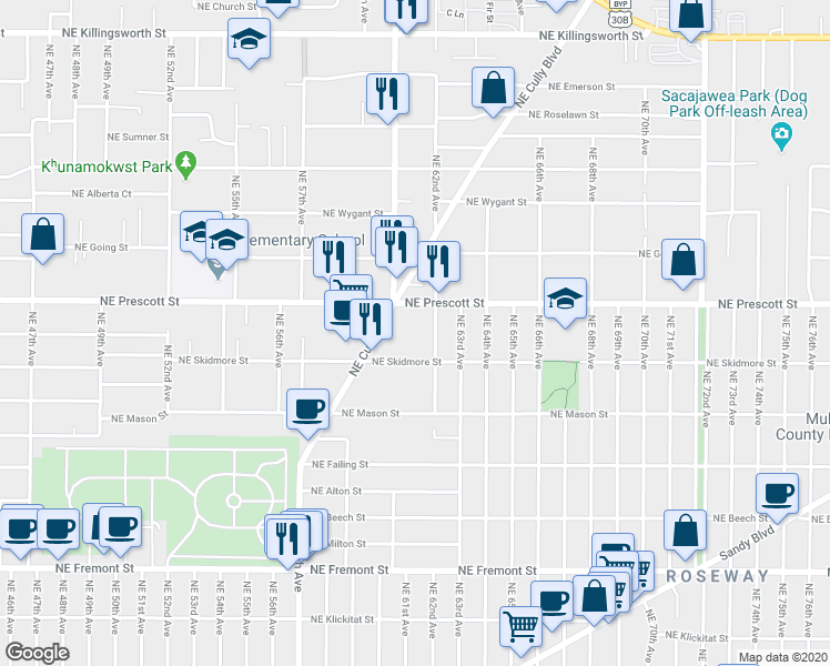map of restaurants, bars, coffee shops, grocery stores, and more near 4361 Northeast 62nd Avenue in Portland