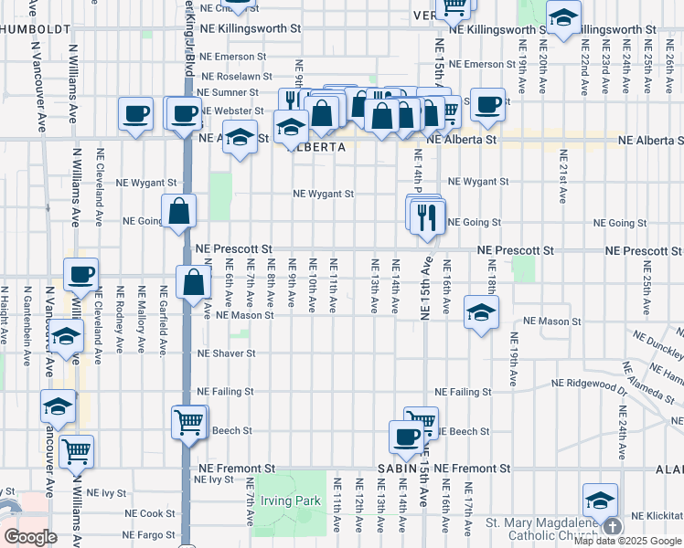 map of restaurants, bars, coffee shops, grocery stores, and more near 1117 Northeast Skidmore Street in Portland