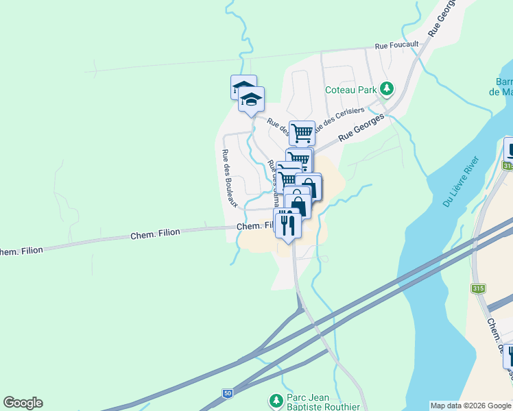 map of restaurants, bars, coffee shops, grocery stores, and more near 238 Rue des Bouleaux in Gatineau