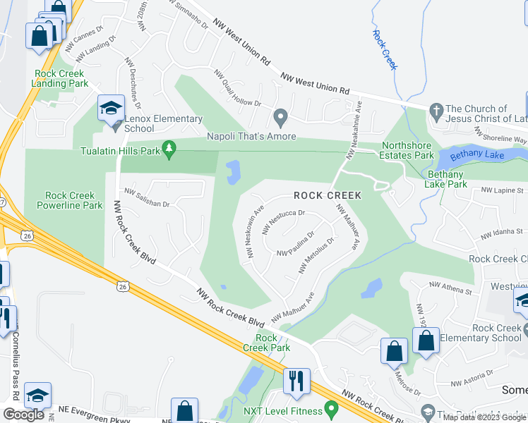 map of restaurants, bars, coffee shops, grocery stores, and more near 4730 Northwest Neskowin Avenue in Portland