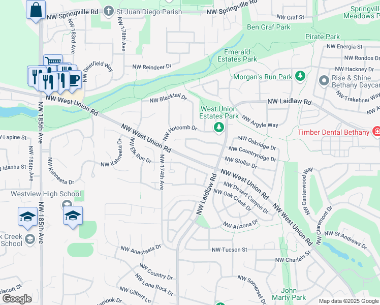 map of restaurants, bars, coffee shops, grocery stores, and more near 17214 Northwest Stoller Drive in Portland