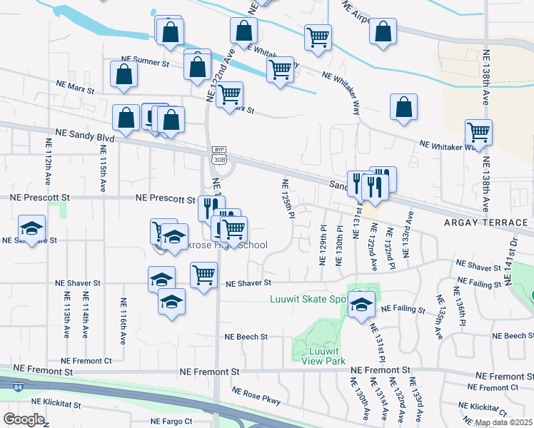 map of restaurants, bars, coffee shops, grocery stores, and more near 4545 Northeast 125th Place in Portland