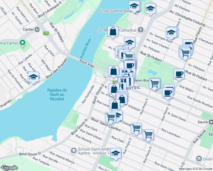 map of restaurants, bars, coffee shops, grocery stores, and more near 10833 Rue Saint-Denis in Montréal