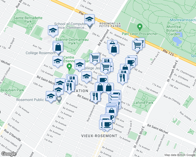 map of restaurants, bars, coffee shops, grocery stores, and more near 5649 14e Avenue in Montréal