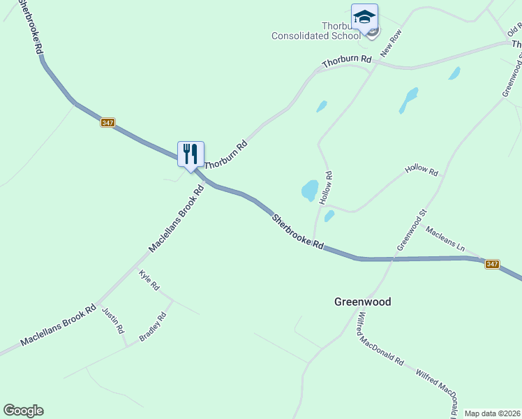 map of restaurants, bars, coffee shops, grocery stores, and more near 9393 Sherbrooke Road in Thorburn