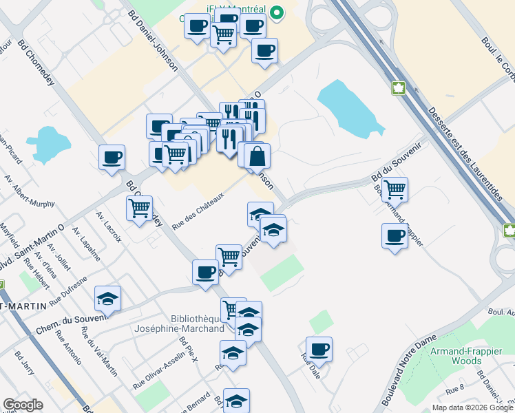 map of restaurants, bars, coffee shops, grocery stores, and more near 3227 Boulevard du Souvenir in Laval