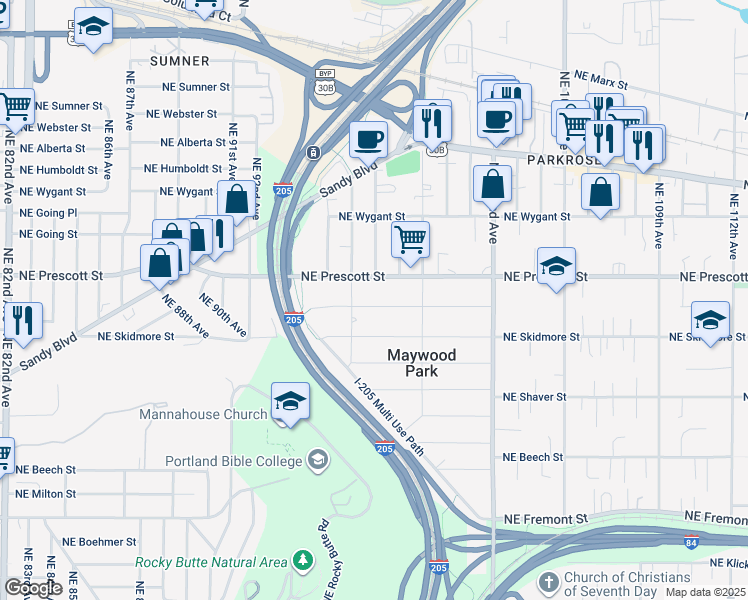 map of restaurants, bars, coffee shops, grocery stores, and more near 9608 Northeast Prescott Street in Portland