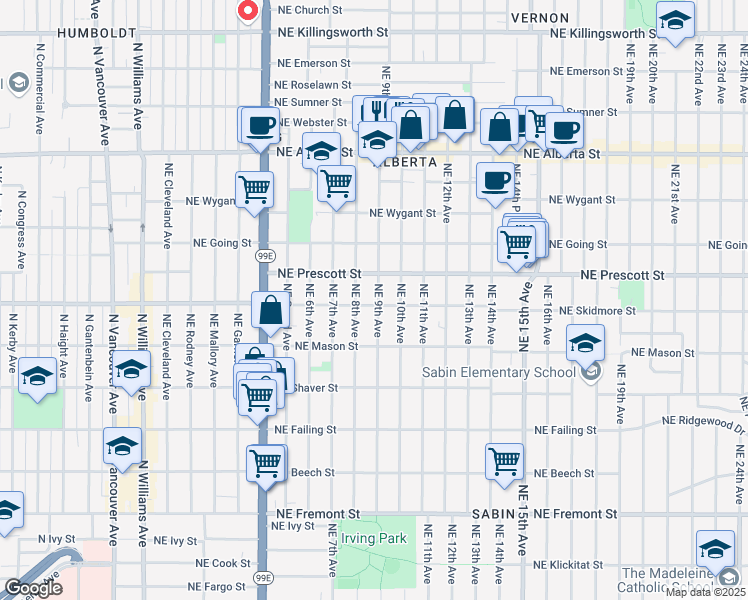 map of restaurants, bars, coffee shops, grocery stores, and more near 4404 Northeast 9th Avenue in Portland