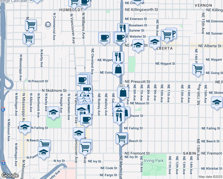 map of restaurants, bars, coffee shops, grocery stores, and more near 4329 Northeast Garfield Avenue in Portland