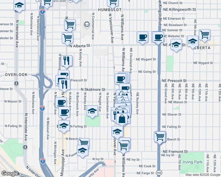 map of restaurants, bars, coffee shops, grocery stores, and more near 4326 North Gantenbein Avenue in Portland
