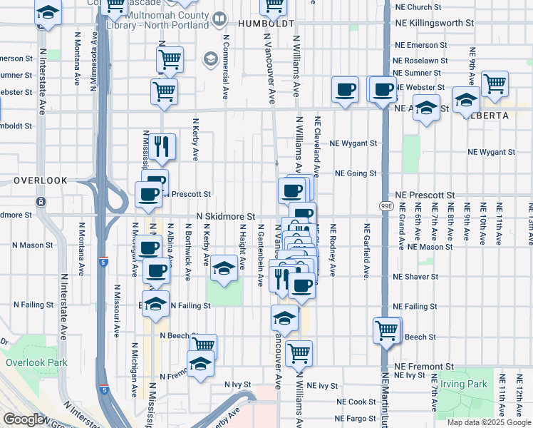 map of restaurants, bars, coffee shops, grocery stores, and more near 4326 North Gantenbein Avenue in Portland